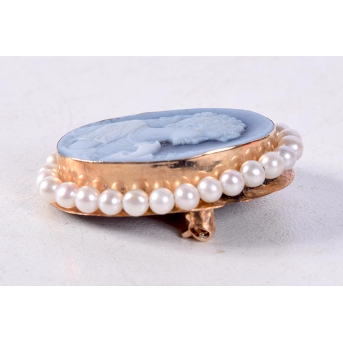 1259 - A 14CT GOLD CAMEO STONE PEARL BROOCH. 5.2 grams. 3 cm x 2.5 cm.