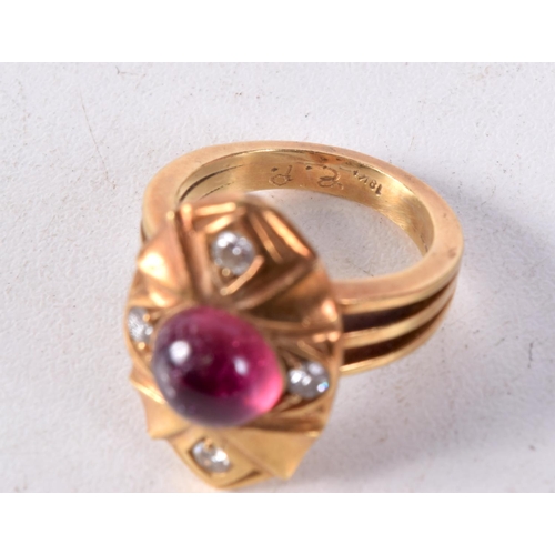 1264 - A GOOD 18CT GOLD DIAMOND AND RUBY RING. 11 grams. M.