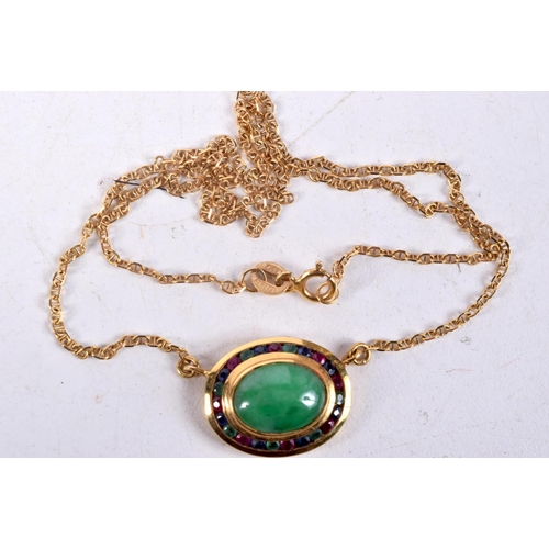 1269 - AN 18CT GOLD AND JADEITE MULTI GEM SET NECKLACE. 5.6 grams. 40 cm long.