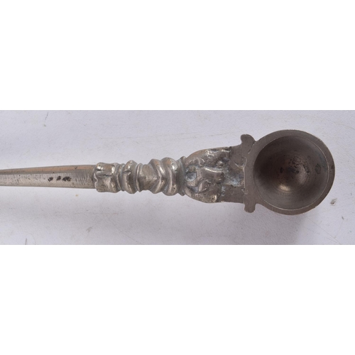 1304 - THREE 19TH CENTURY MIDDLE EASTERN ALLOY SPOONS. 15.5 cm x 2.5 cm. (3)