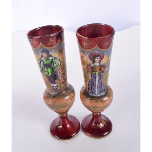 1308 - A PAIR OF ANTIQUE SWISS ENAMELLED VASES. 11 cm x 3 cm.