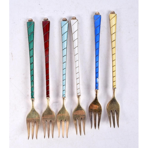 1316 - SIX VINTAGE DANISH SILVER AND ENAMEL FORKS. 81 grams. 12 cm long. (6)