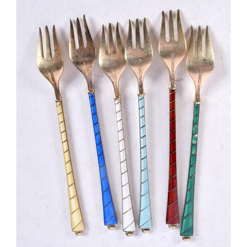 1316 - SIX VINTAGE DANISH SILVER AND ENAMEL FORKS. 81 grams. 12 cm long. (6)