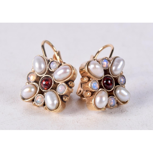 1321 - A PAIR OF ANTIQUE OPAL GARNET AND PEARL EARRINGS. 10 grams. 2.5 cm x 1.75 cm.