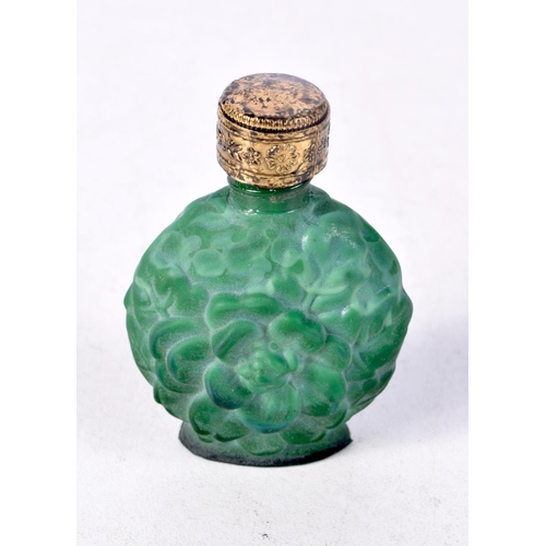 1349 - A MALACHITE GLASS SCENT BOTTLE. 5.25 cm x 4 cm.