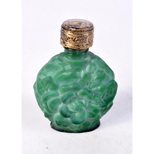 1349 - A MALACHITE GLASS SCENT BOTTLE. 5.25 cm x 4 cm.