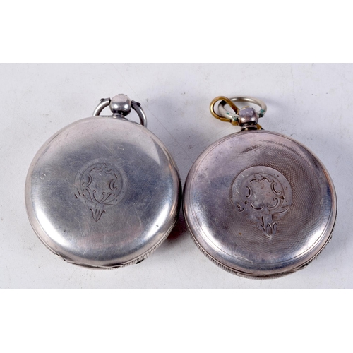 1352 - TWO VICTORIAN SILVER POCKET WATCHES. 239 grams. Birmingham 1872 & 1883. 5.25 cm diameter. (2)