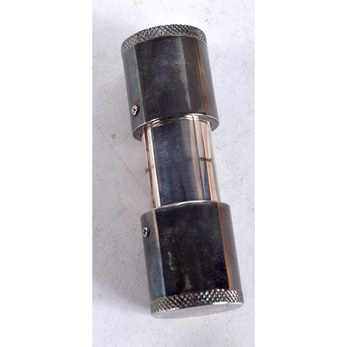 1387 - A VINTAGE WHITE METAL CYLINDRICAL WATCH. 8 cm x 2 cm extended.