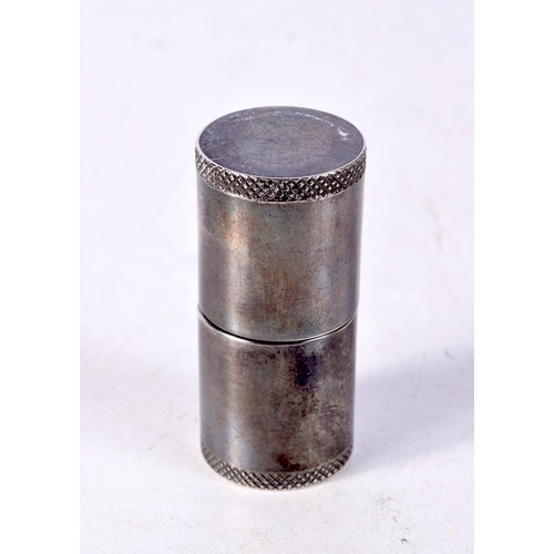 1387 - A VINTAGE WHITE METAL CYLINDRICAL WATCH. 8 cm x 2 cm extended.