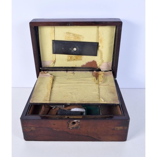 1398 - AN ANTIQUE WORK BOX containing costume jewellery etc. (qty)