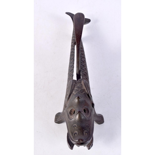 1402 - AN ANTIQUE BRONZE DRAGON FISH NUT CRACKER. 22.5 cm x 6 cm.