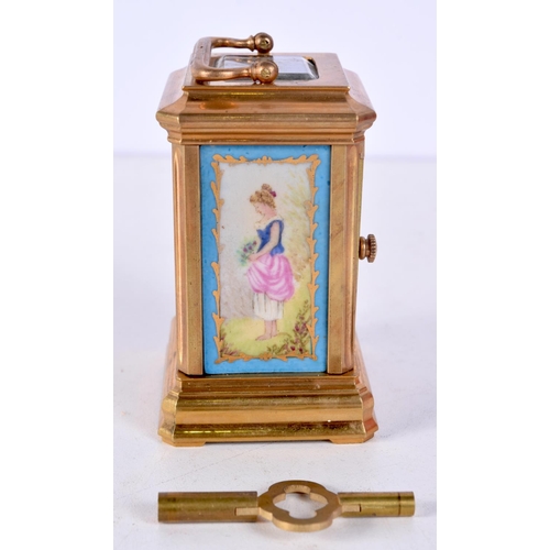 1409 - A MINIATURE SEVRES STYLE CARRIAGE CLOCK. 7.5 cm x 5 cm.