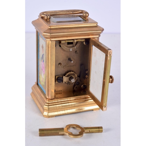 1409 - A MINIATURE SEVRES STYLE CARRIAGE CLOCK. 7.5 cm x 5 cm.