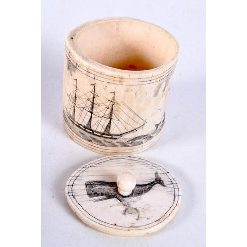 1438C - A 19TH CENTURY AMERICAN CARVED MARINE TOOTH SCRIMSHAW BOX AND COVER engraved with whales and boats. ... 