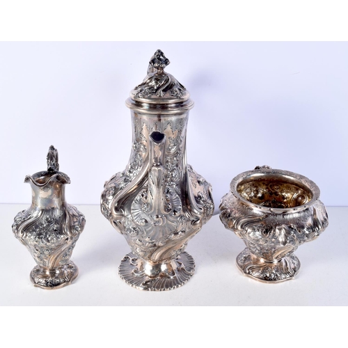 1438L - A GOOD VICTORIAN SCOTTISH SILVER AND IVORY TEASET. Edinburgh 1853 & 1855. 1707 grams. Largest 31 cm ... 