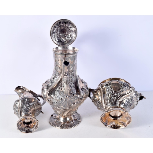 1438L - A GOOD VICTORIAN SCOTTISH SILVER AND IVORY TEASET. Edinburgh 1853 & 1855. 1707 grams. Largest 31 cm ... 