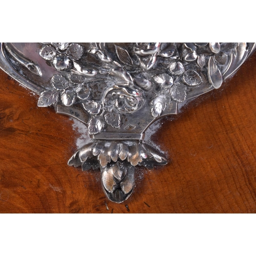 1452 - A FINE ART NOUVEAU FRENCH SILVER MOUNTED WALNUT DESK BAROMETER decorated with repousse foliage. 27 c... 