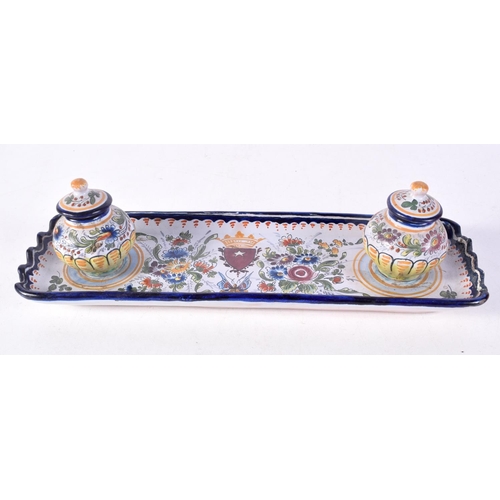 1454 - A FINE 19TH CENTURY EUROPEAN ENAMELLED DESK STAND together with a delft inkwell & a C1840 vase. Larg... 