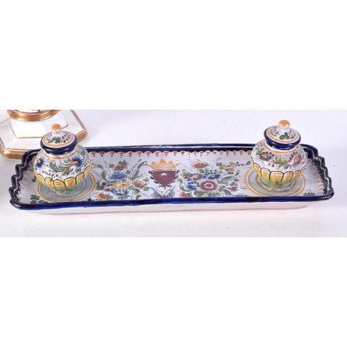 1454 - A FINE 19TH CENTURY EUROPEAN ENAMELLED DESK STAND together with a delft inkwell & a C1840 vase. Larg... 