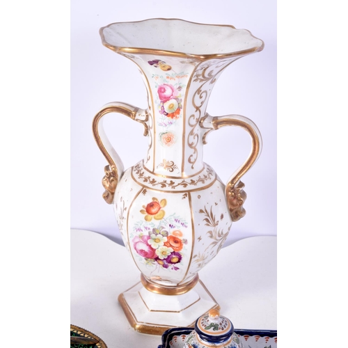 1454 - A FINE 19TH CENTURY EUROPEAN ENAMELLED DESK STAND together with a delft inkwell & a C1840 vase. Larg... 