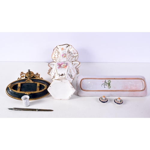 1454 - A FINE 19TH CENTURY EUROPEAN ENAMELLED DESK STAND together with a delft inkwell & a C1840 vase. Larg... 