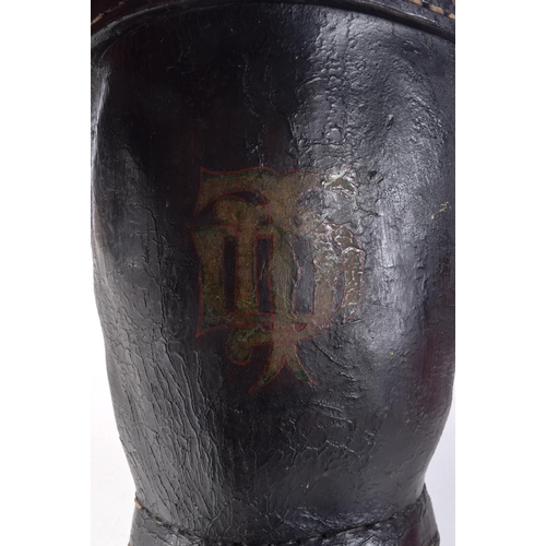 1472 - AN ANTIQUE COUNTRY HOUSE LEATHER BUCKET. 48 cm x 24 cm inc handle.