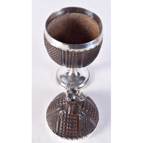 1474 - A RARE 18TH CENTURY SWEDISH SILVER MOUNTED COCONUT CUP AND COVER with figural terminal. 171 grams. 1... 