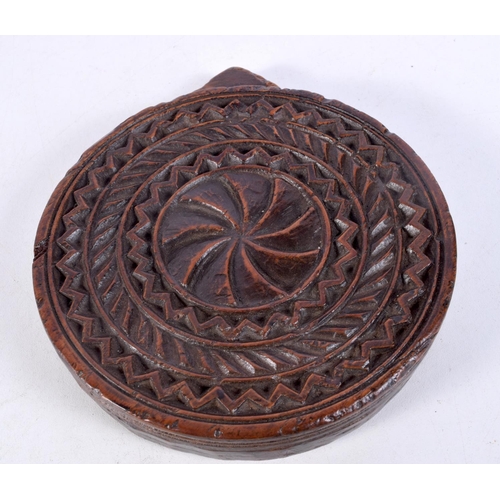 1493 - AN ANTIQUE TREEN PAT and a pair of abalone shell opera glasses. Largest 13 cm x 15 cm. (2)