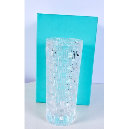 1494 - A BOXED TIFFANY & CO GLASS VASE. 18 cm high.