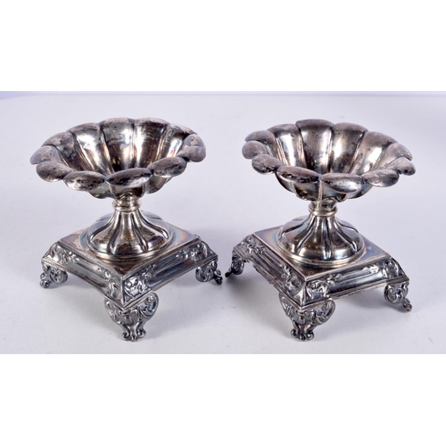 1499 - A PAIR OF ANTIQUE FRENCH SILVER SALTS. 108 grams. 7 cm x 6.25 cm.