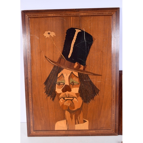 1499C - THREE VINTAGE MARQUETRY PANELS and an art deco panel. Largest 54 cm x 40 cm. (4)