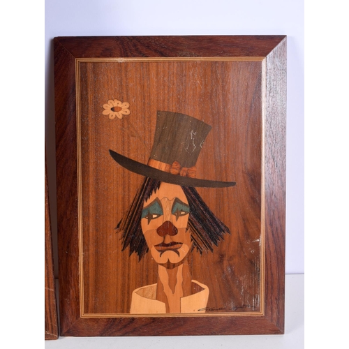 1499C - THREE VINTAGE MARQUETRY PANELS and an art deco panel. Largest 54 cm x 40 cm. (4)