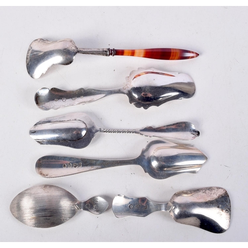 754 - SIX ASSORTED SILVER CADDY SPOONS.  Four with hallmarks, Largest 11.9cm x 2.8cm, total weight 58g