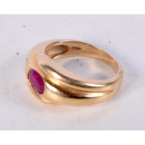 773 - AN 14CT GOLD AND RUBY SNAKE RING.  Stamped 14K, Size I, weight 5.5g