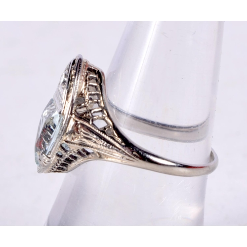 774 - AN 18CT WHITE GOLD, DIAMOND AND AQUA RING.  Stamped 18K, Size L, weight 3.1g