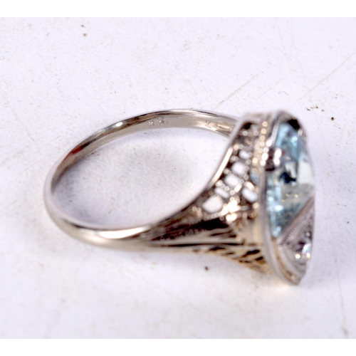 774 - AN 18CT WHITE GOLD, DIAMOND AND AQUA RING.  Stamped 18K, Size L, weight 3.1g