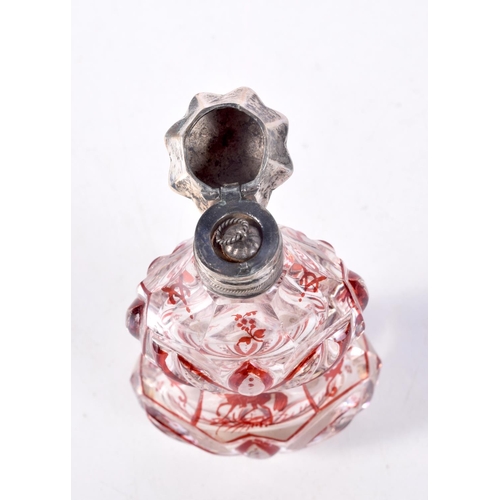 798 - A RUBY GLASS ETCHED SCENT BOTTLE.  10.8cm x 6cm x 3.6cm