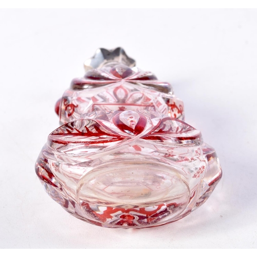 798 - A RUBY GLASS ETCHED SCENT BOTTLE.  10.8cm x 6cm x 3.6cm