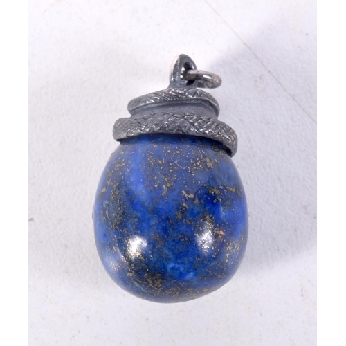 823 - A LAPIS EGG PENDANT WITH THE CLASP FORMED AS A COILED SERPENT.  2.8cm x 1.7cm, weight 13.9g