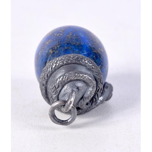 823 - A LAPIS EGG PENDANT WITH THE CLASP FORMED AS A COILED SERPENT.  2.8cm x 1.7cm, weight 13.9g