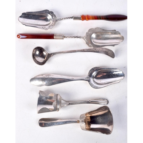 826 - SIX ASSORTED SILVER CADDY SPOONS.  Four with hallmarks, Largest 14.4cm x 2.7cm, total weight 76g