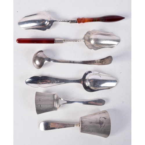 826 - SIX ASSORTED SILVER CADDY SPOONS.  Four with hallmarks, Largest 14.4cm x 2.7cm, total weight 76g