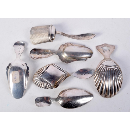 827 - SIX ASSORTED SILVER CADDY SPOONS.  Various hallmarks, Largest 8.7cm x 3.6cm, total weight 53g