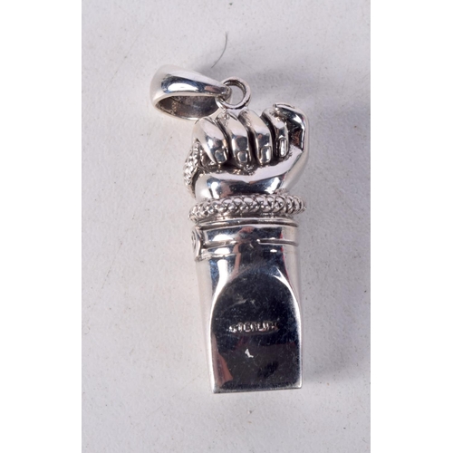 855 - A STERLING SILVER WHISTLE PENDANT FORMED A A SNAKE COILED AROUND A FIST.  Stamped Sterling, 4cm x 1.... 