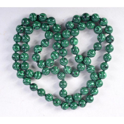 866 - A MALACHITE BEAD NECKLACE.  Length 92cm, bead size 9.5mm, weight 91g