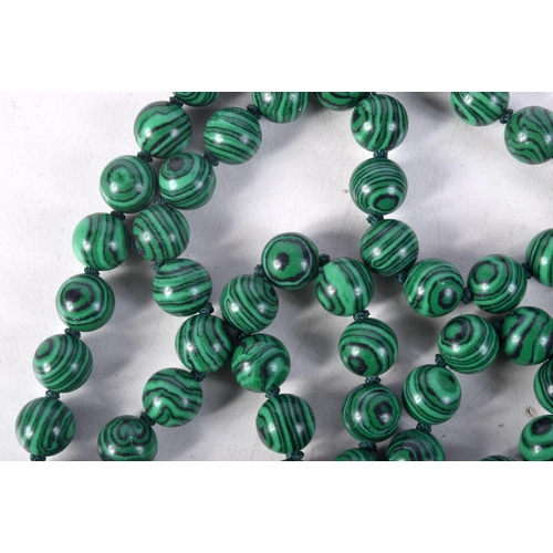 866 - A MALACHITE BEAD NECKLACE.  Length 92cm, bead size 9.5mm, weight 91g