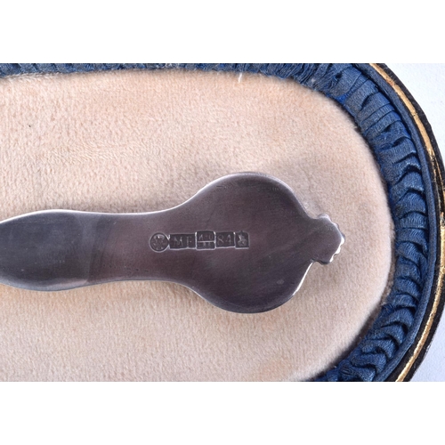 891 - A CONTINENTAL SILVER CASED COIN SPOON.  Stamped 84, 14.3cm x 3.8cm, weight of spoon 58g