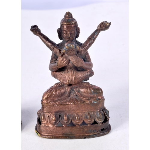 894 - TWO BRONZE ASIAN GODS.  MANDKESVARA YAB-YUM ON LOTUS HAPPY BUDDHA AND LORD SIRI RAMA HOLDING A BOW A... 