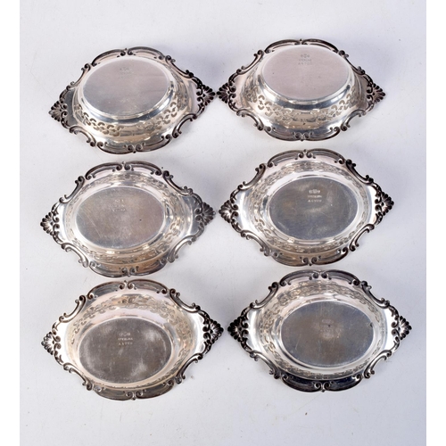 A SET OF SIX SILVER BON BON DISHES. Stamped Sterling, 2.7cm x 9.8cm x 6 ...