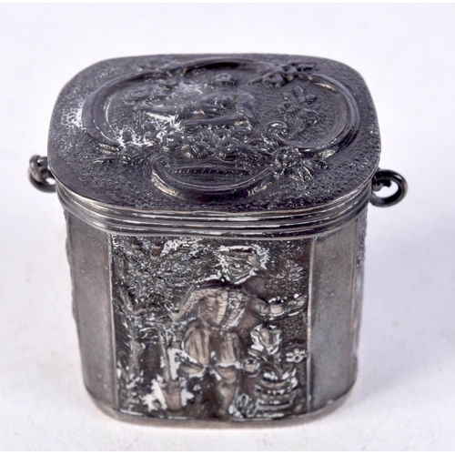 908 - A CONTINENTAL SILVER BOX WITH HINGED LID DECORATED WITH FIGURES.  3.2cm x 3.1cm x 2.7cm, weight 16.3... 